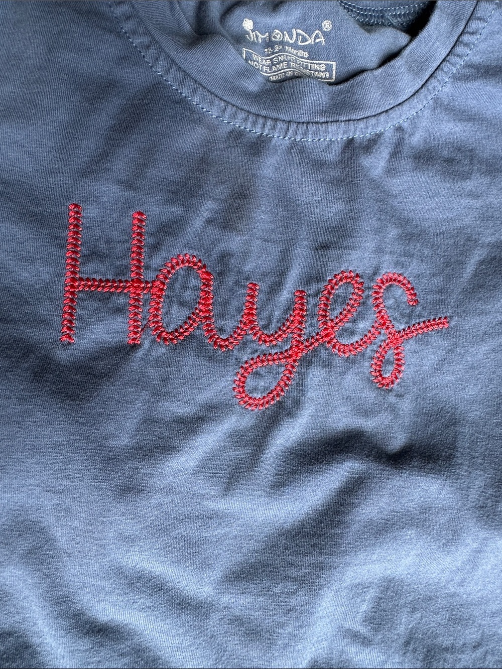 Personalized Blue Baby Onesie with Red 'Hayes' Embroidery in baseball font